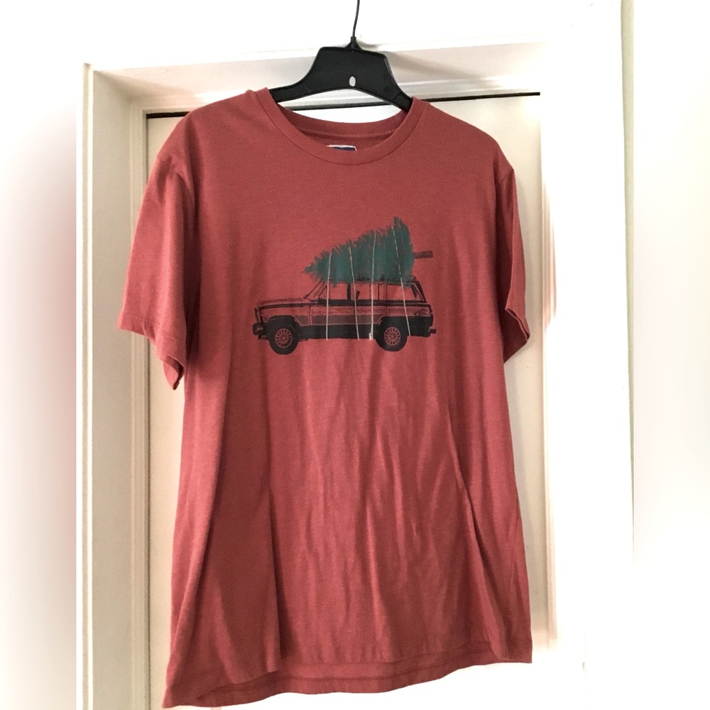 J. Crew Rust Red Short Sleeve Tee with Graphic Tree and Wagon